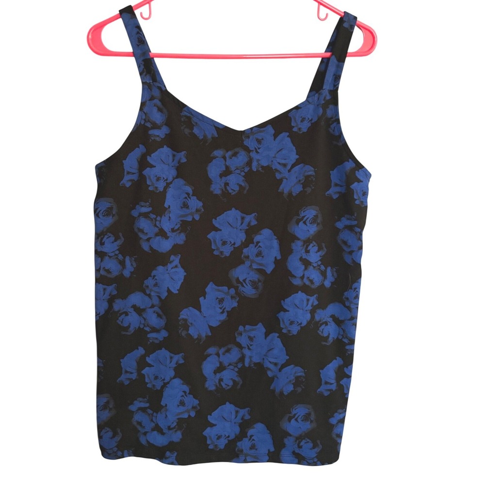 Torrid Wmn Sz 1 Blue Rose‎ Floral V-Neck Cami Tank Top Black Goth Whimsigoth